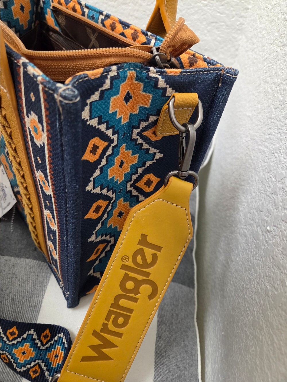 Wrangler Mustard & Blue Patterned Tote Bag - Picture 6 of 11